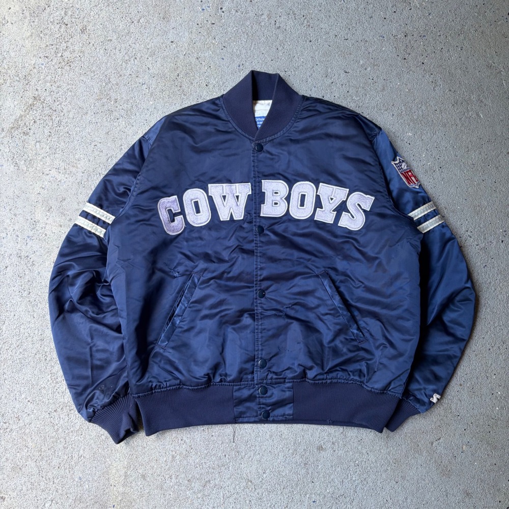 Vintage Starter Dallas Cowboys NFL Satin Varsity Jacket Navy Blue Mens Large